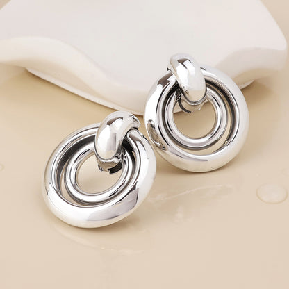 Venus Stainless Steel Platinum Plated Linked Double Ring Earrings