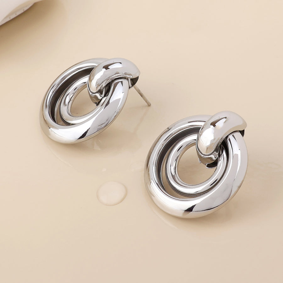 Venus Stainless Steel Platinum Plated Linked Double Ring Earrings