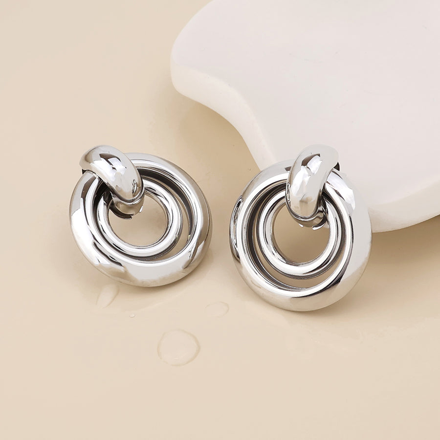 Venus Stainless Steel Platinum Plated Linked Double Ring Earrings