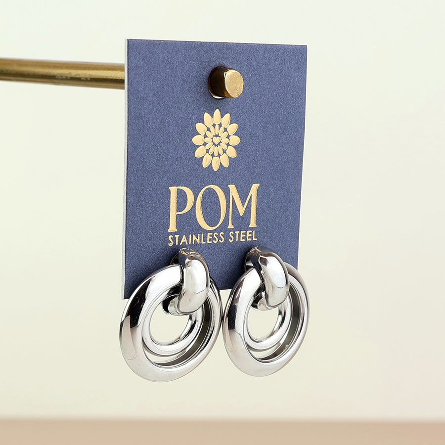 Venus Stainless Steel Platinum Plated Linked Double Ring Earrings