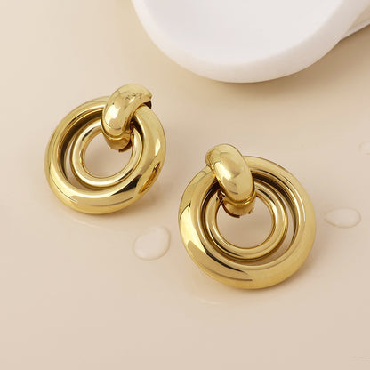 Venus Stainless Steel Gold Plated Linked Double Ring Earrings