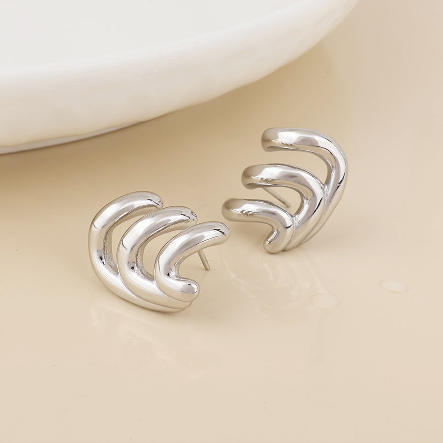 Wavey Stainless Steel Platinum Plated Triple Curve Stud Earrings