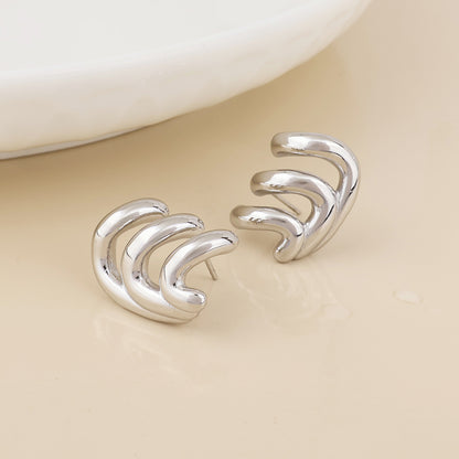 Wavey Stainless Steel Platinum Plated Triple Curve Stud Earrings