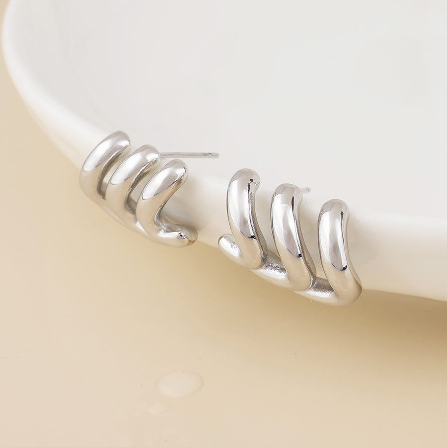 Wavey Stainless Steel Platinum Plated Triple Curve Stud Earrings