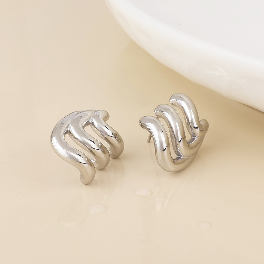 Wavey Stainless Steel Platinum Plated Triple Curve Stud Earrings