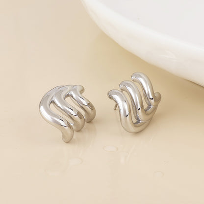 Wavey Stainless Steel Platinum Plated Triple Curve Stud Earrings