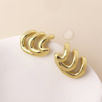 Wavey Stainless Steel Gold Plated Triple Curve Stud Earrings