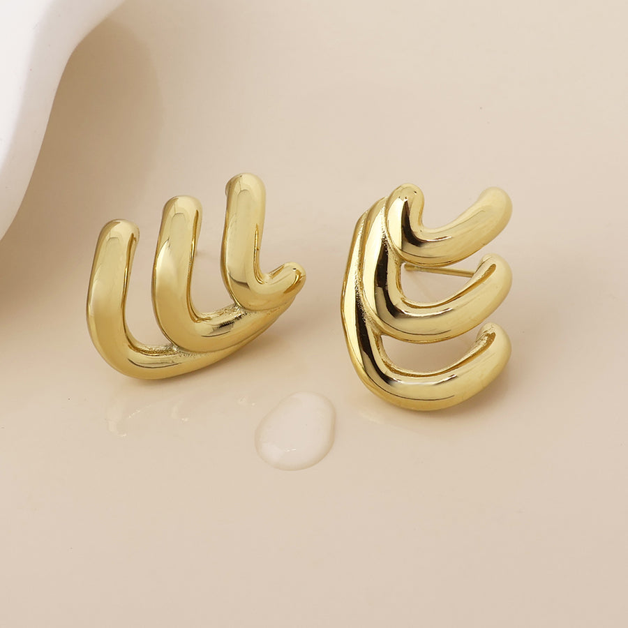 Wavey Stainless Steel Gold Plated Triple Curve Stud Earrings