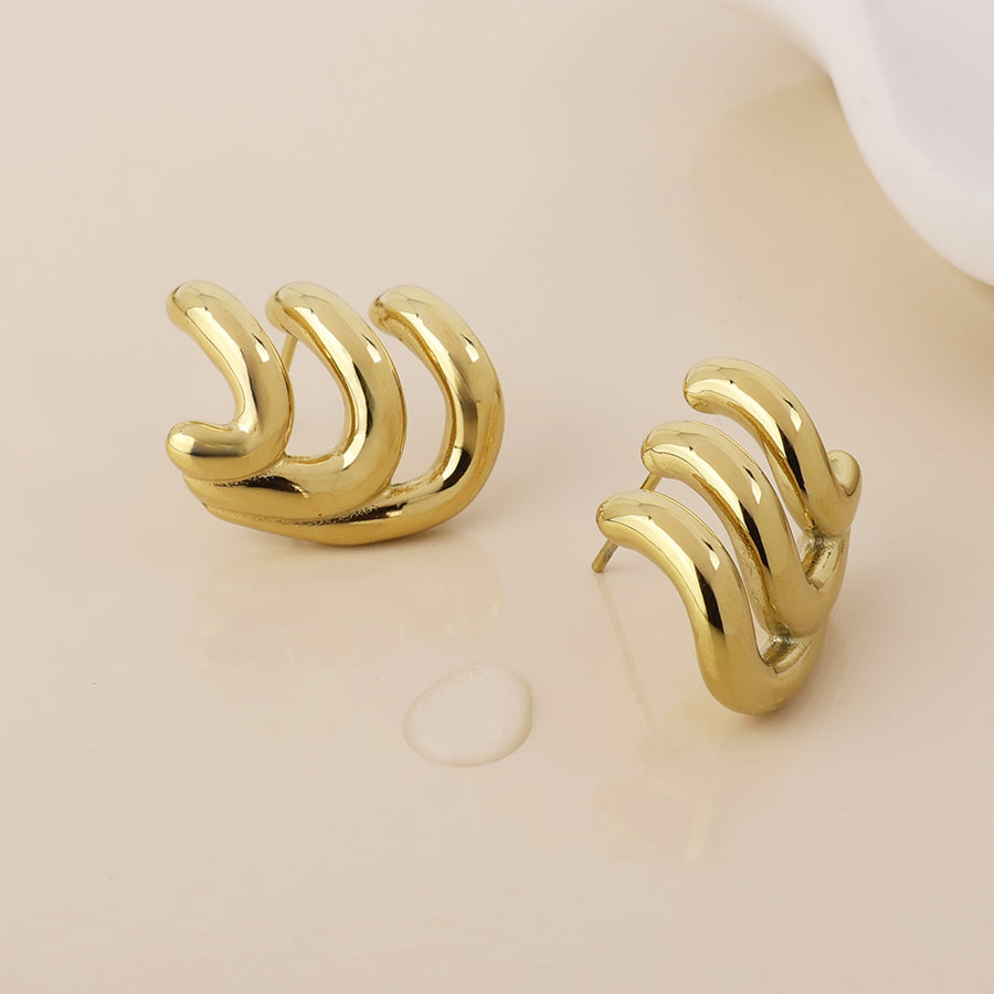 Wavey Stainless Steel Gold Plated Triple Curve Stud Earrings