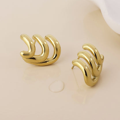 Wavey Stainless Steel Gold Plated Triple Curve Stud Earrings