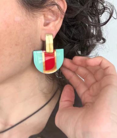 Rosa Earrings  Mint Green, Red and Lush Gold