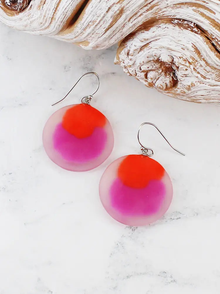 Abstract Resin Disc Earrings Pink and Orange