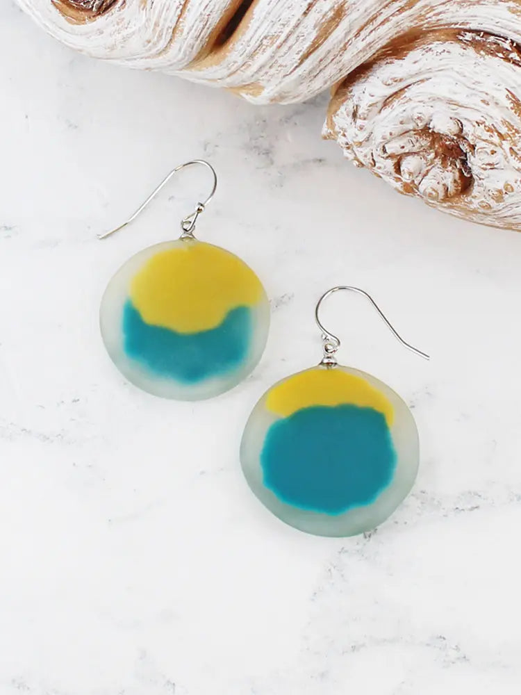 Abstract Resin Disc Earrings Blue and Yellow