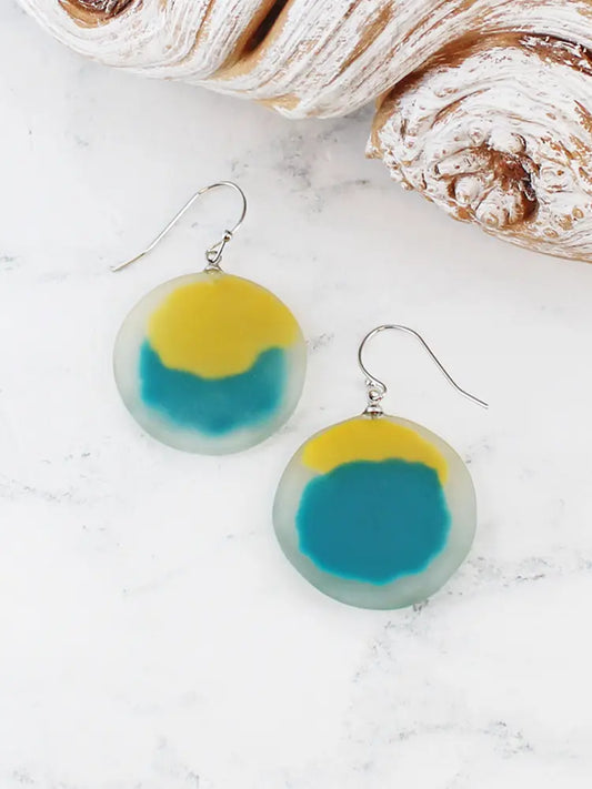 Abstract Resin Disc Earrings Blue and Yellow