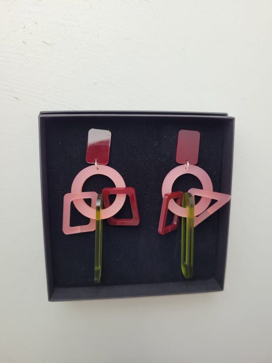 Throwing Shapes Wine Pink and Green Earrings