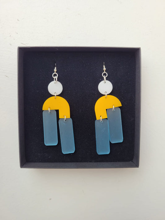 Staggered Drop White Yellow and Blue Earrings