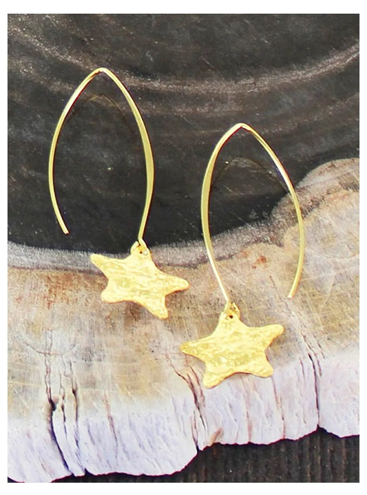Drop Earrings with Textured Star Charm - Gold Plated
