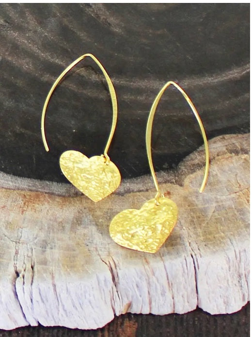 Drop Earrings with Textured Heart Charm - Gold Plated