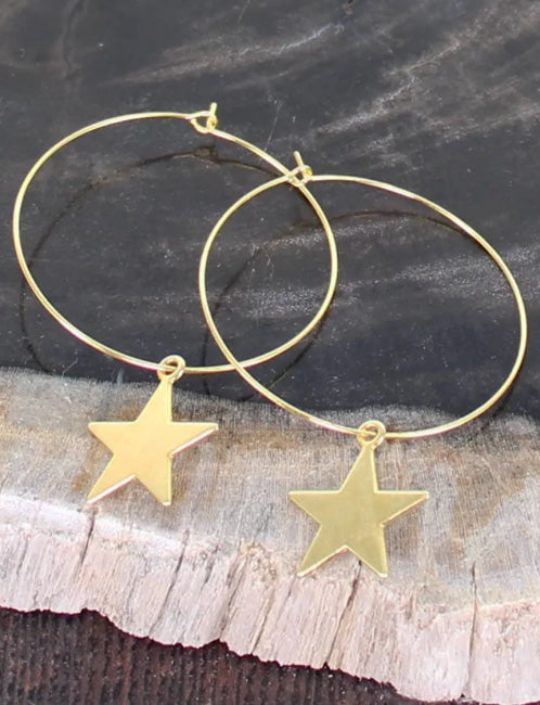 Simple Hoop Earrings with Star Charm - Gold Plated