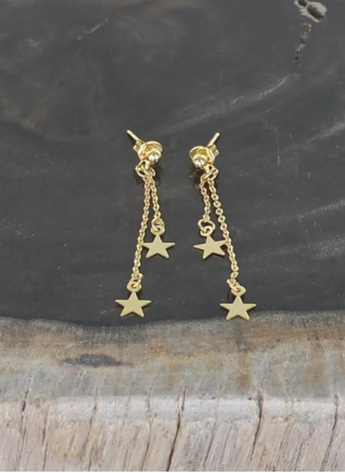 Double Drop Charm Stud Earrings - Gold Plated