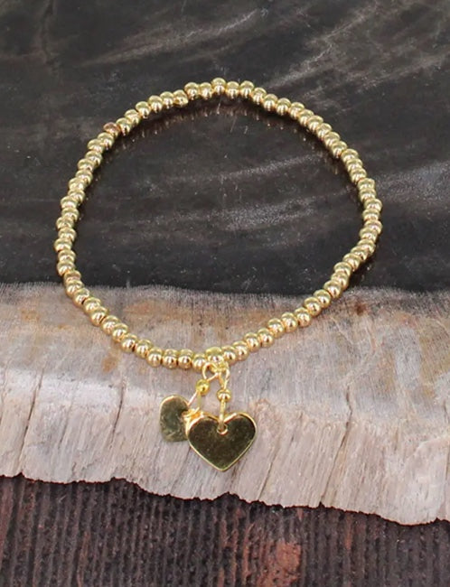 Elasticated Bracelet with Heart Charms - Gold Plated