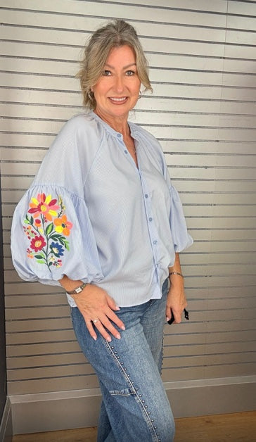 Floral Puffed Sleeves Blouse - Blue