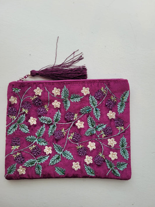 Bramble Plum Velvet Embroidered Winter Blackberries Zip Purse