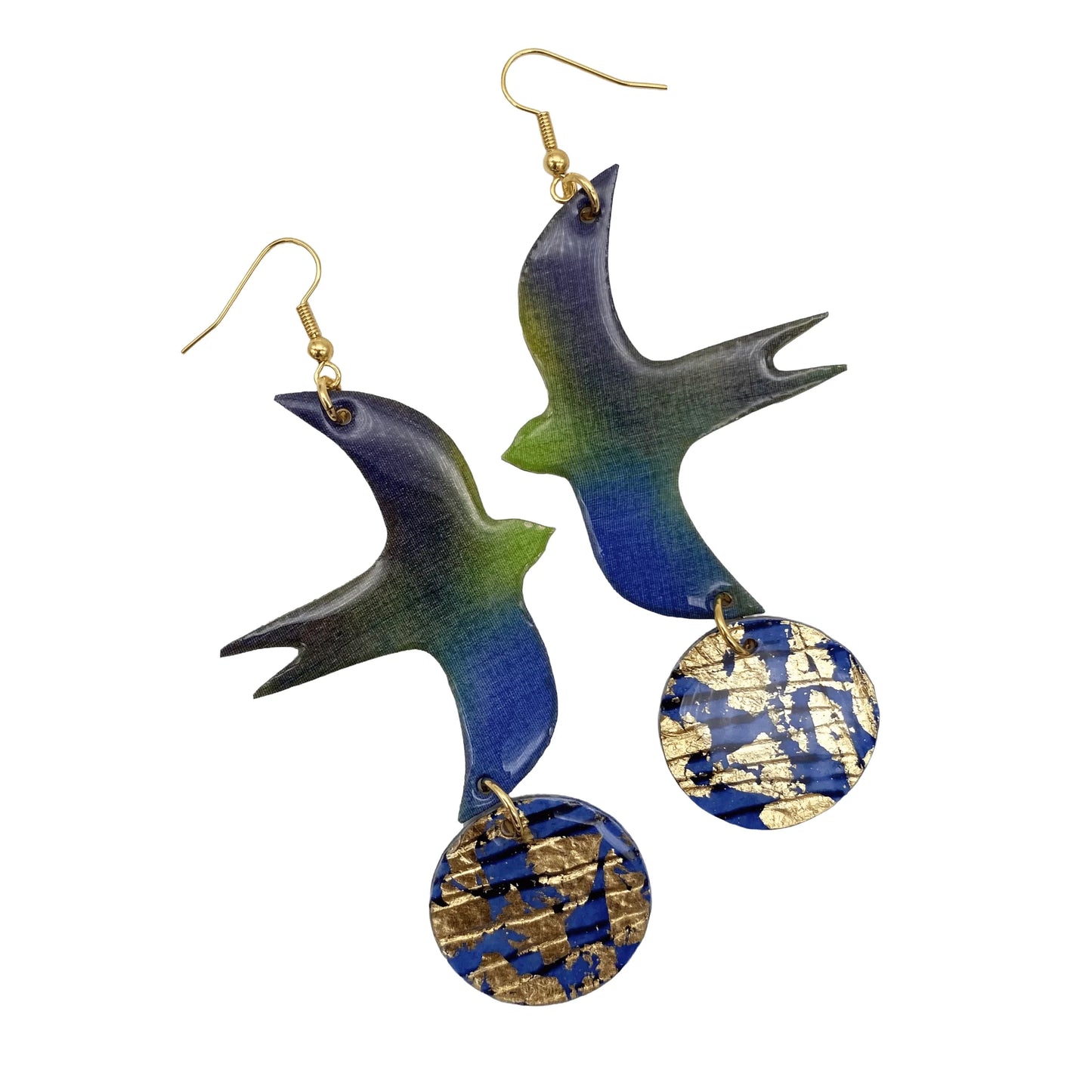 Bird Discs Earrings Blue Gold