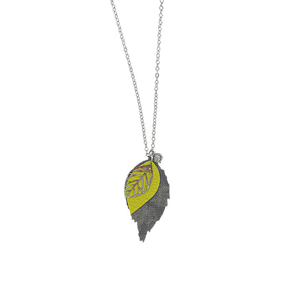 The Long Leather Leaf Chain Grey and Lime