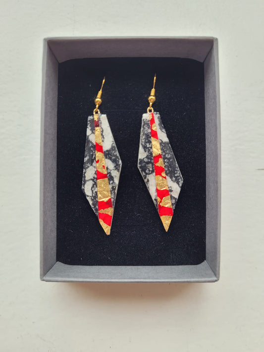 Mini Beulah batik textile earrings in charcoal/red/gold