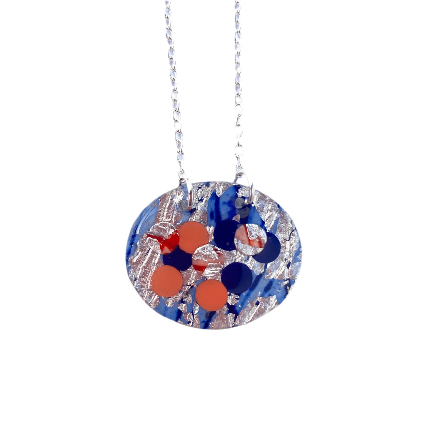 Pebble sgraffito textile necklace in periwinkle/sapphire/orange/silver